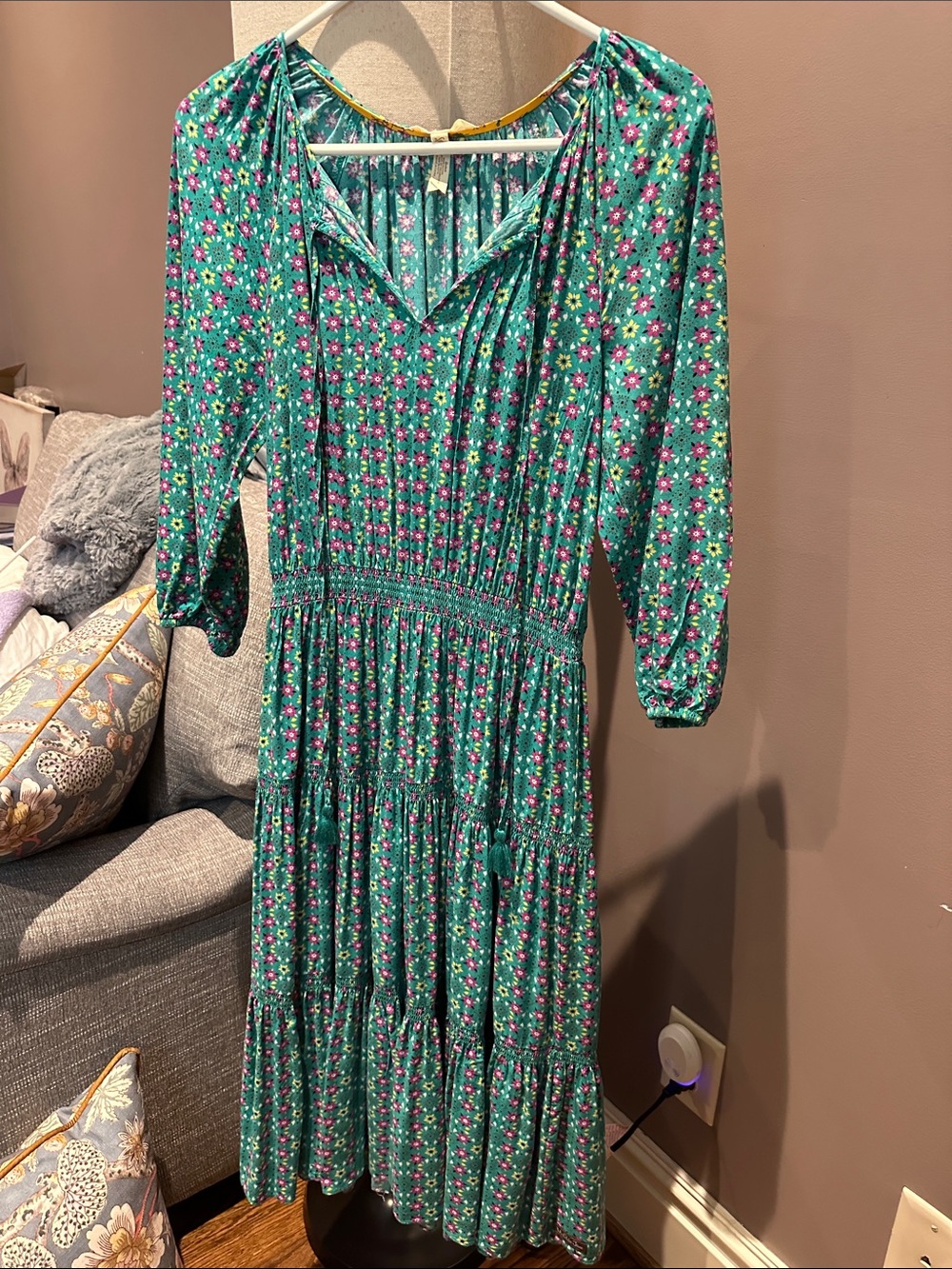 Matilda Jane Green Floral Tiered Midi Dress with Pink Accents